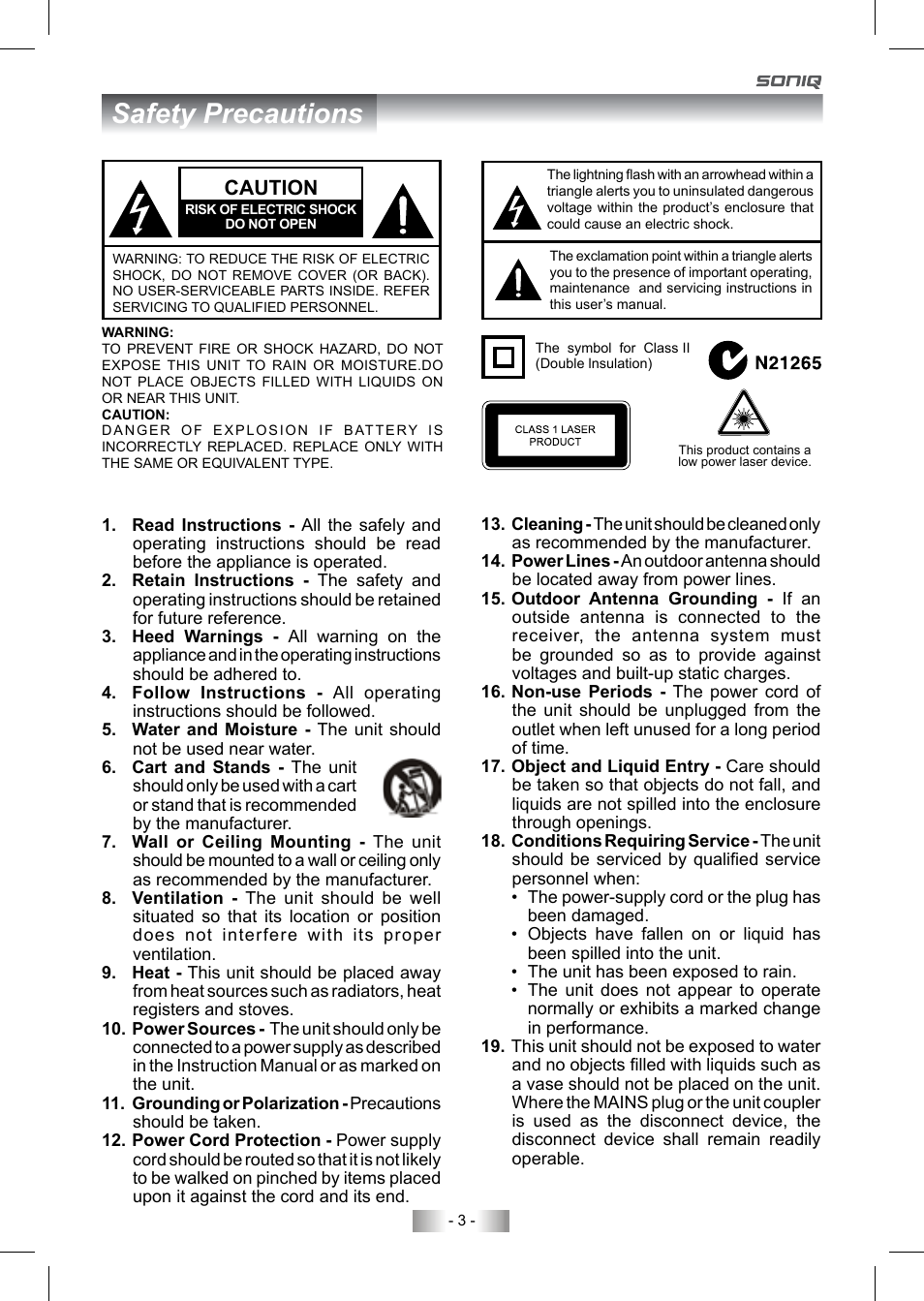 Safety precautions, Caution | SONIQ QV193LTI User Manual | Page 3 / 36