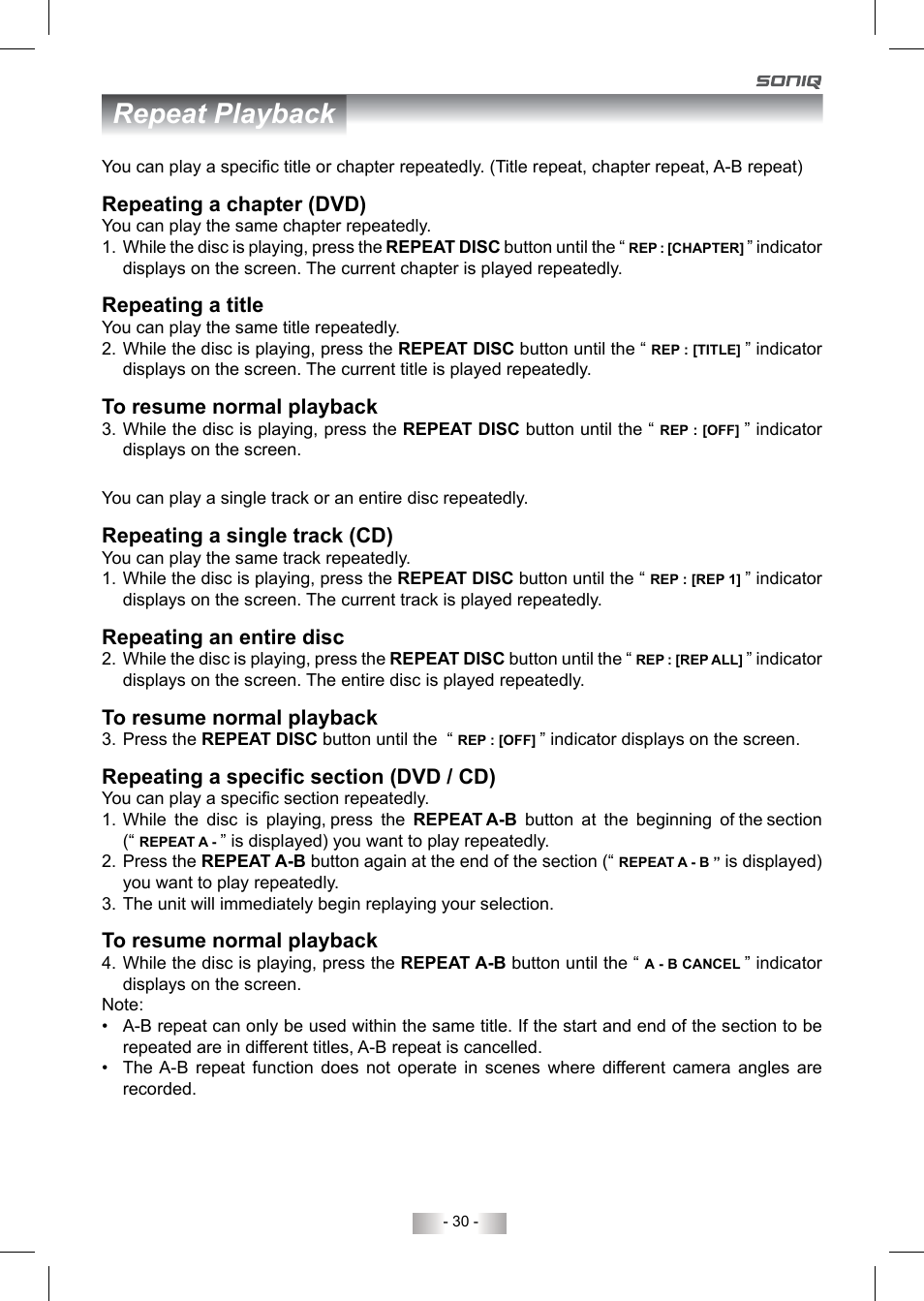 Repeat playback | SONIQ QV193LTI User Manual | Page 30 / 36