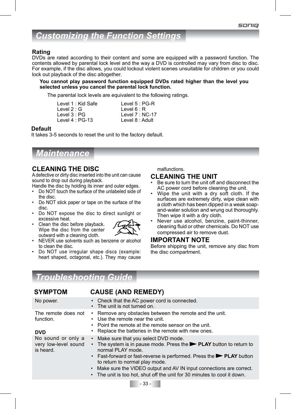Customizing the function settings maintenance, Troubleshooting guide, Cleaning the disc | Symptom cause (and remedy), Cleaning the unit | SONIQ QV193LTI User Manual | Page 33 / 36