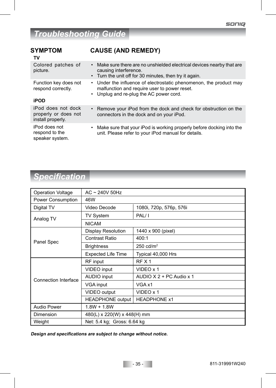 Troubleshooting guide specification, Symptom cause (and remedy) | SONIQ QV193LTI User Manual | Page 35 / 36