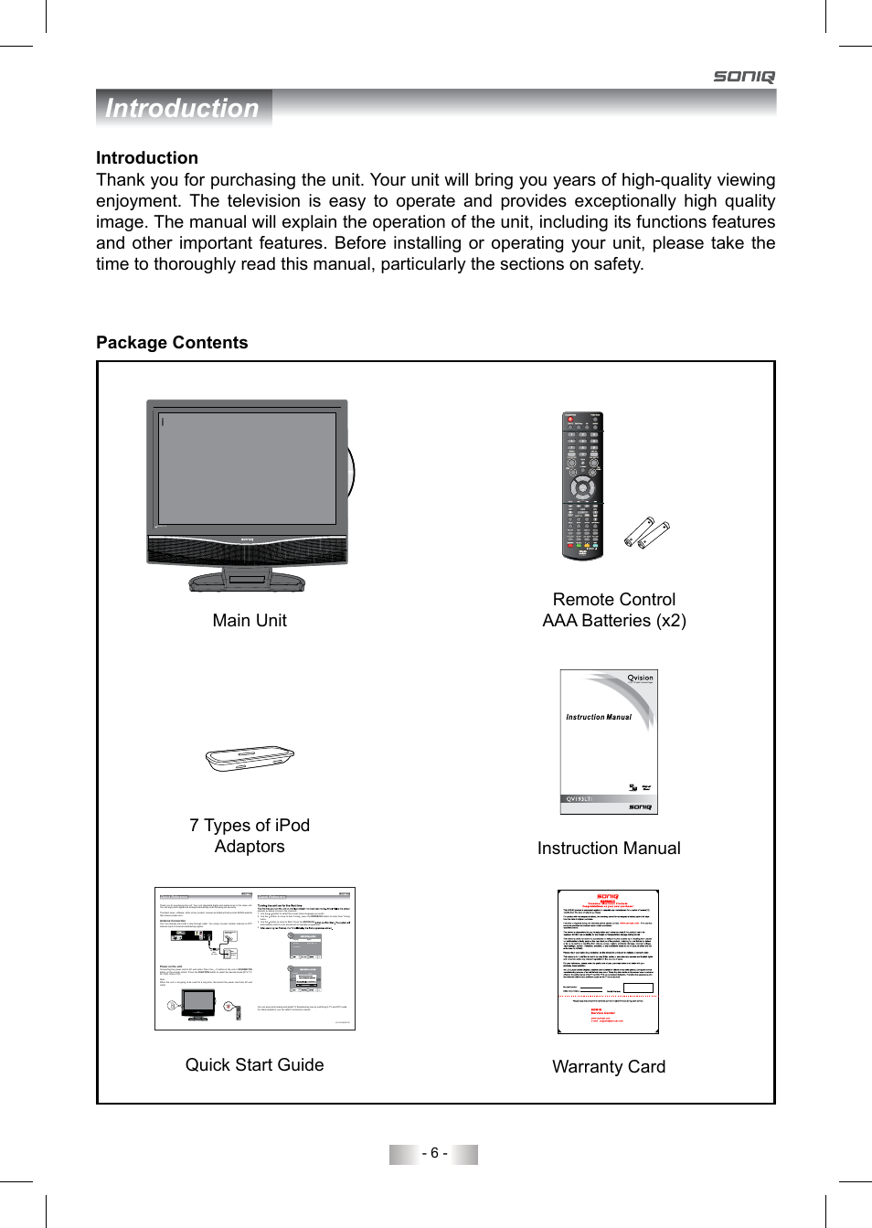 Introduction, Instruction manual quick start guide, 7 types of ipod adaptors | SONIQ QV193LTI User Manual | Page 6 / 36