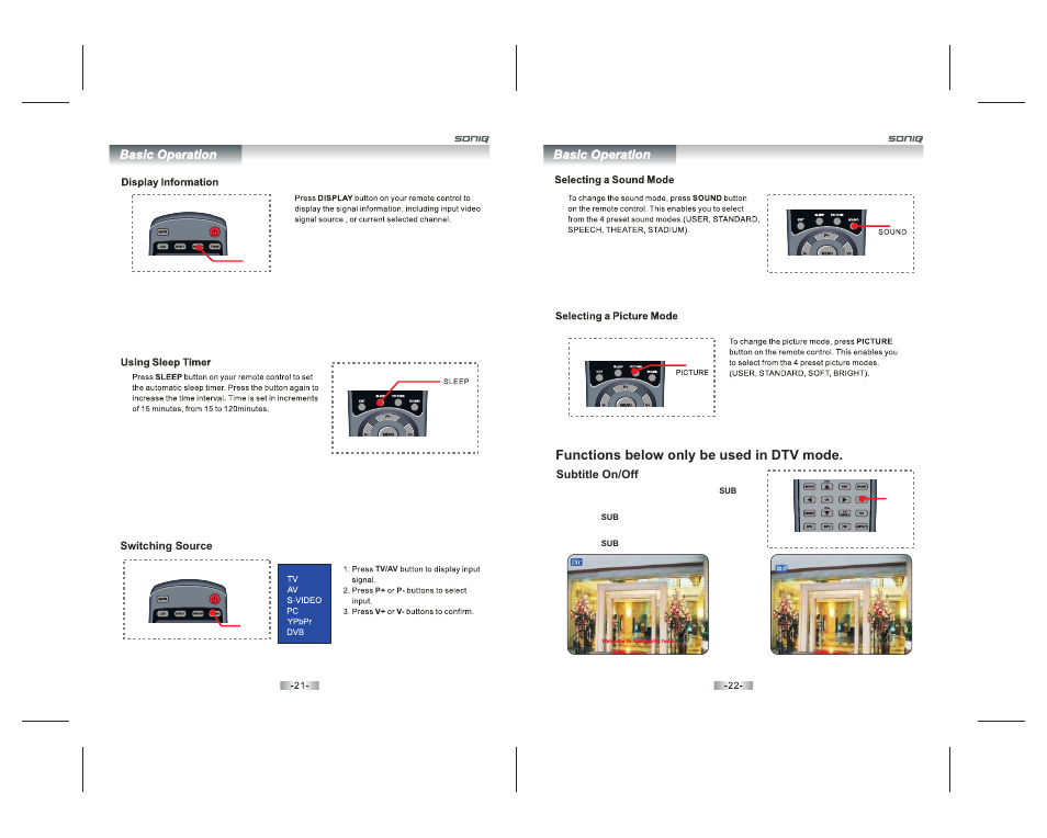 Functions below only be used in dtv mode | SONIQ QV195LT User Manual | Page 11 / 24