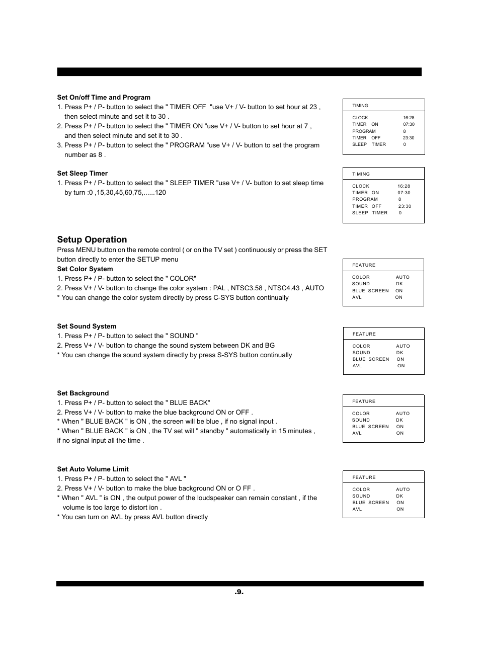 Setup operation | SONIQ QV210C User Manual | Page 10 / 22