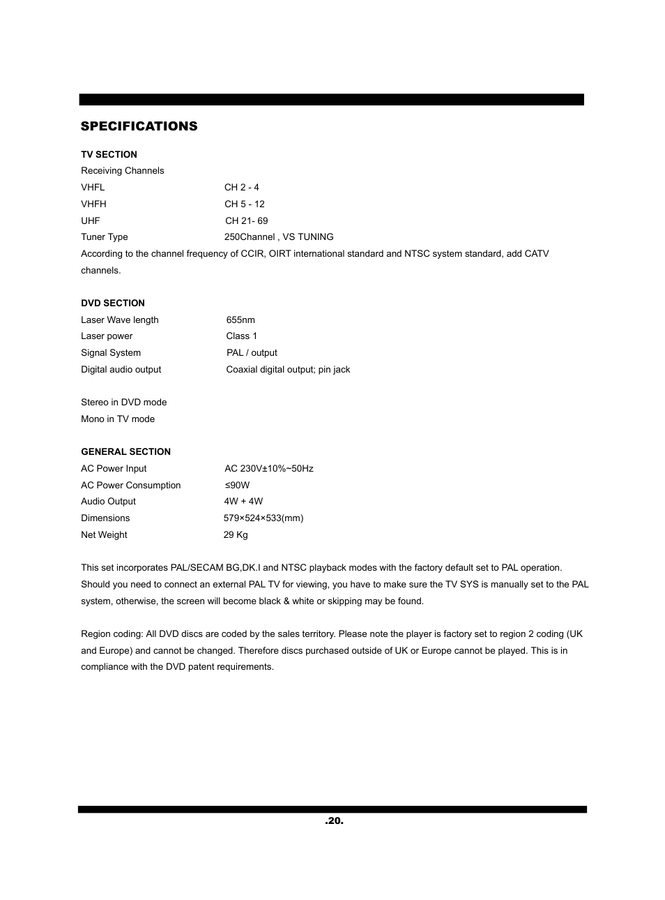 Specifications | SONIQ QV210C User Manual | Page 21 / 22