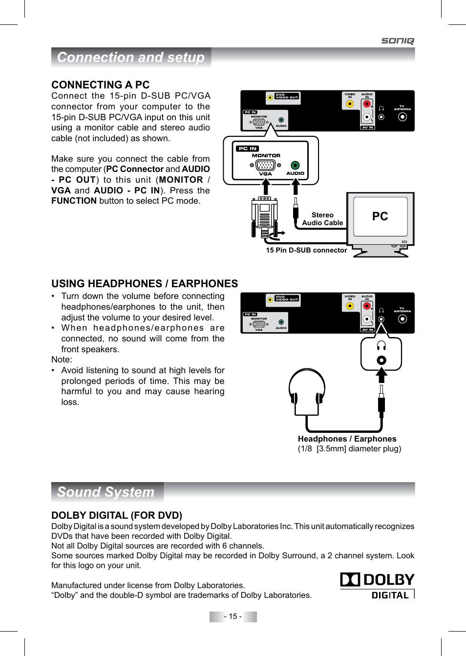 Sound system connection and setup | SONIQ QV220LTI User Manual | Page 15 / 36