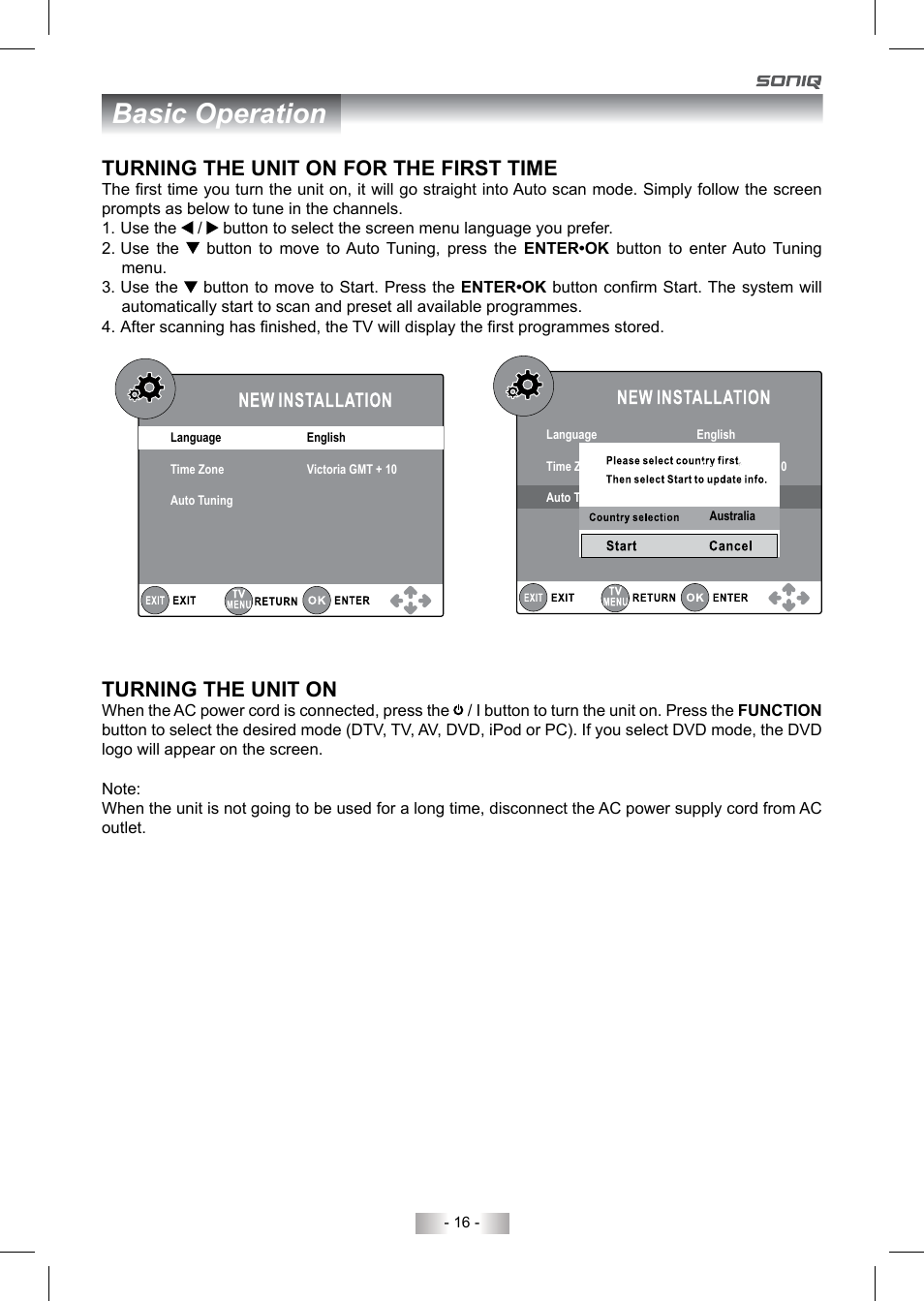 Basic operation, Turning the unit on, Turning the unit on for the first time | SONIQ QV220LTI User Manual | Page 16 / 36