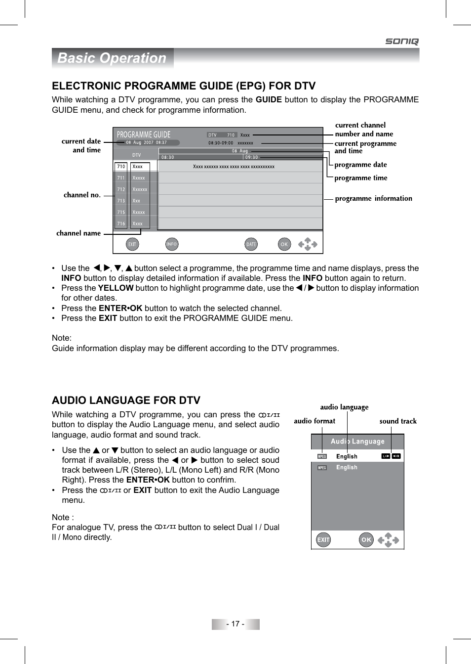 Basic operation | SONIQ QV220LTI User Manual | Page 17 / 36