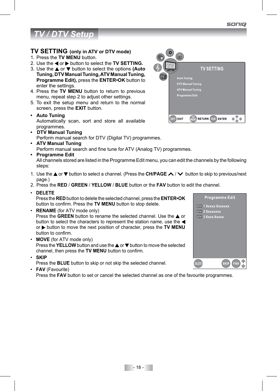 Tv / dtv setup, Tv setting | SONIQ QV220LTI User Manual | Page 18 / 36