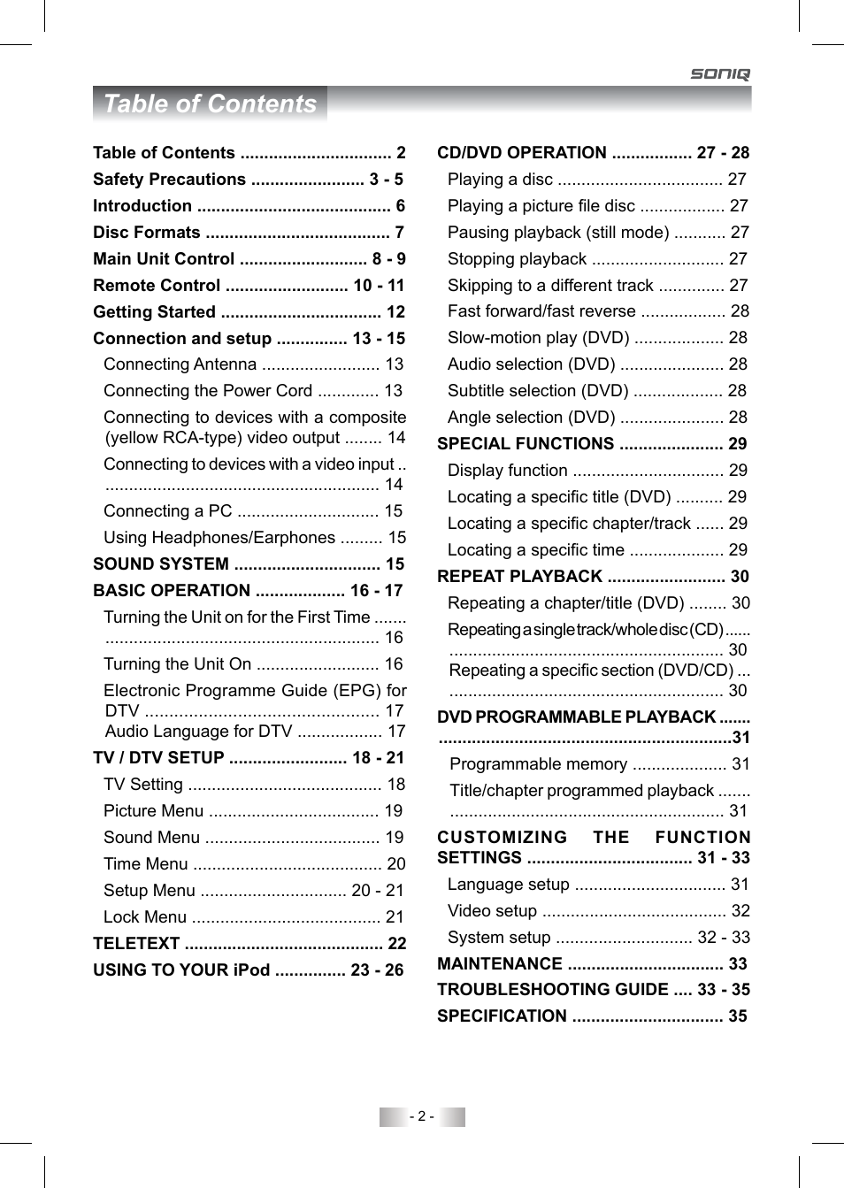 SONIQ QV220LTI User Manual | Page 2 / 36