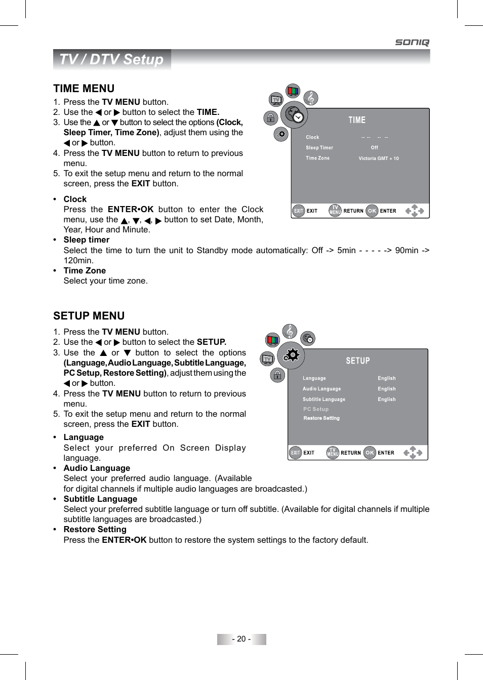 Tv / dtv setup, Time menu, Setup menu | SONIQ QV220LTI User Manual | Page 20 / 36