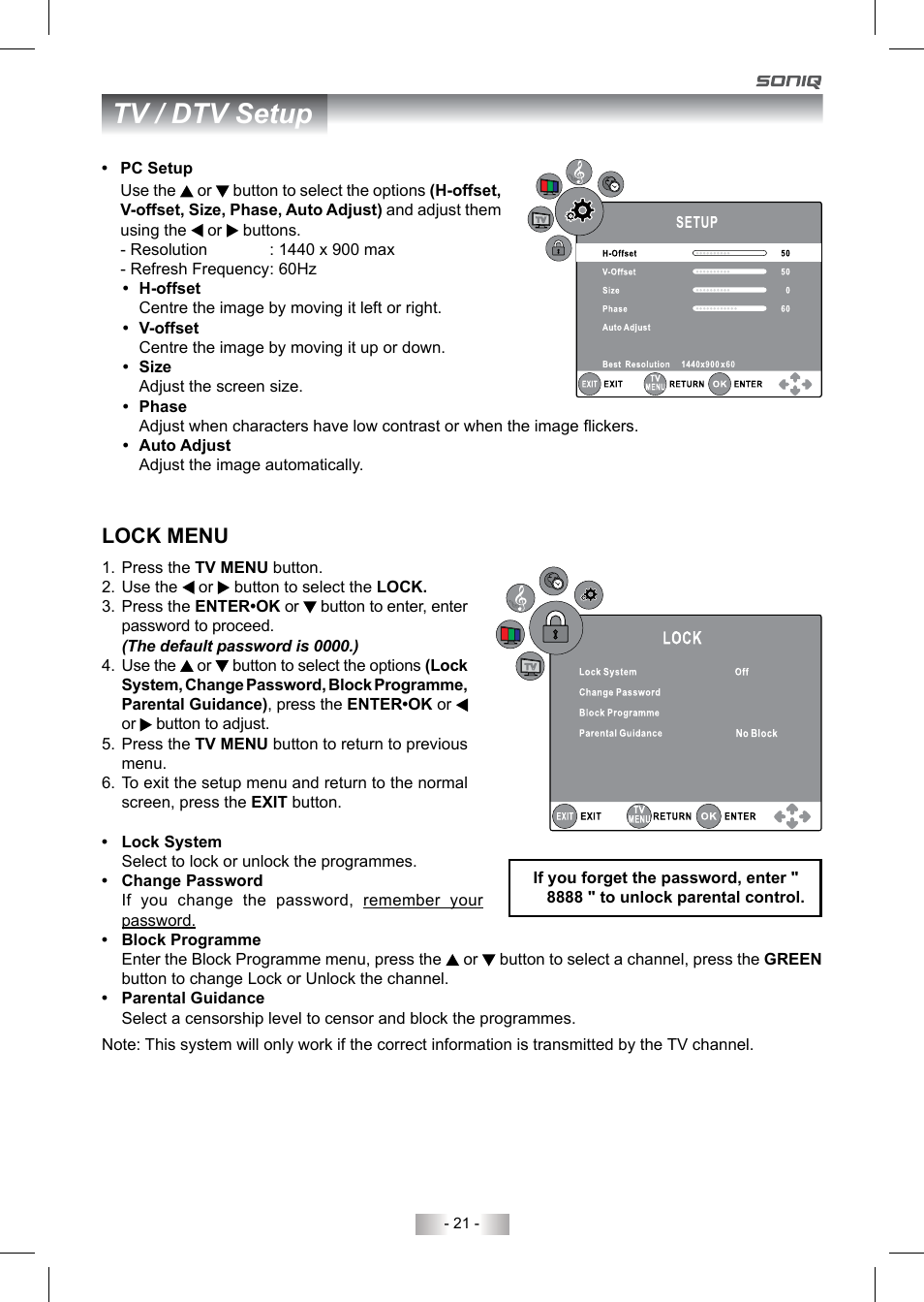 Tv / dtv setup, Lock menu | SONIQ QV220LTI User Manual | Page 21 / 36