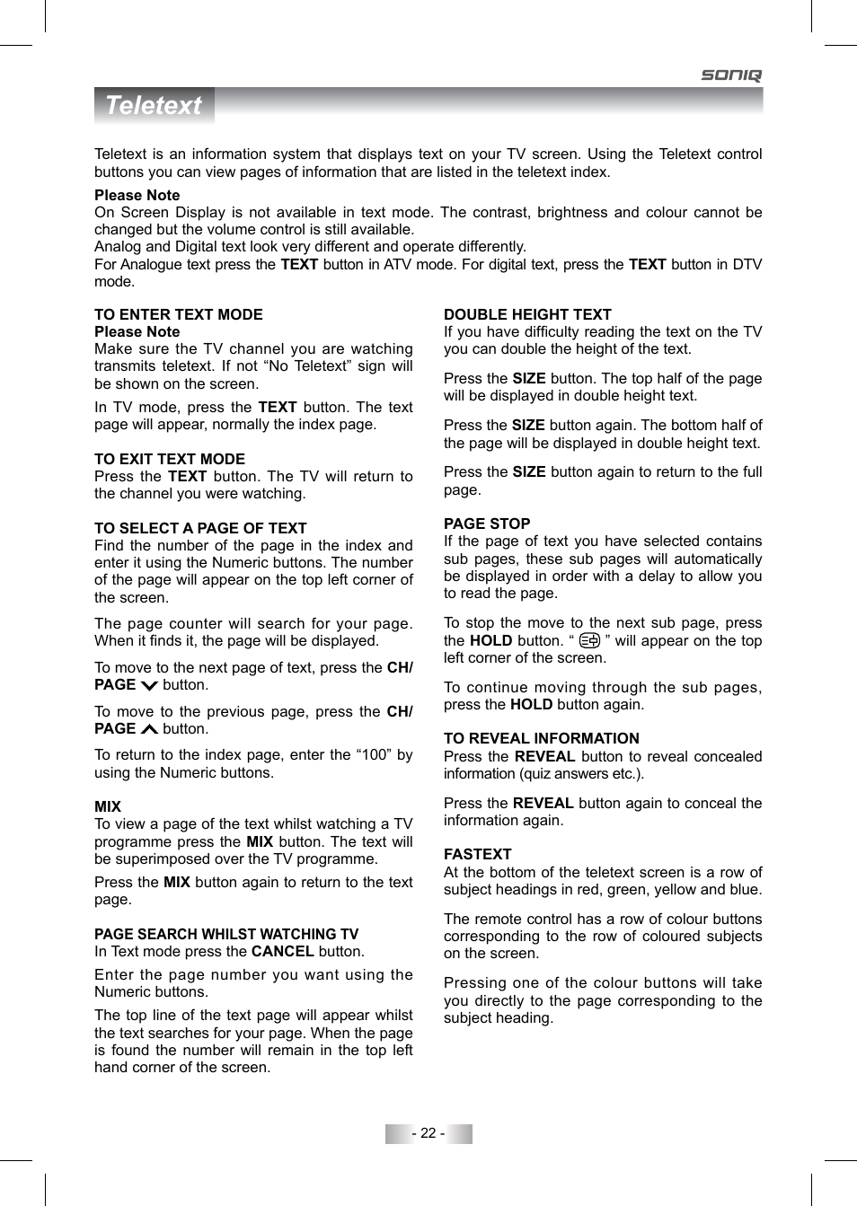 Teletext | SONIQ QV220LTI User Manual | Page 22 / 36