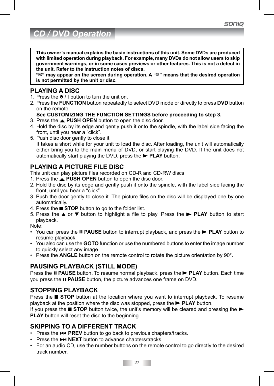 Cd / dvd operation | SONIQ QV220LTI User Manual | Page 27 / 36