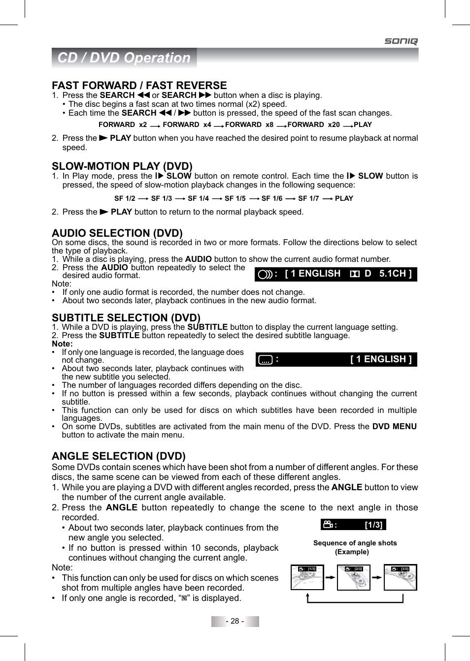 Cd / dvd operation, Fast forward / fast reverse, Slow-motion play (dvd) | Audio selection (dvd), Subtitle selection (dvd), Angle selection (dvd) | SONIQ QV220LTI User Manual | Page 28 / 36