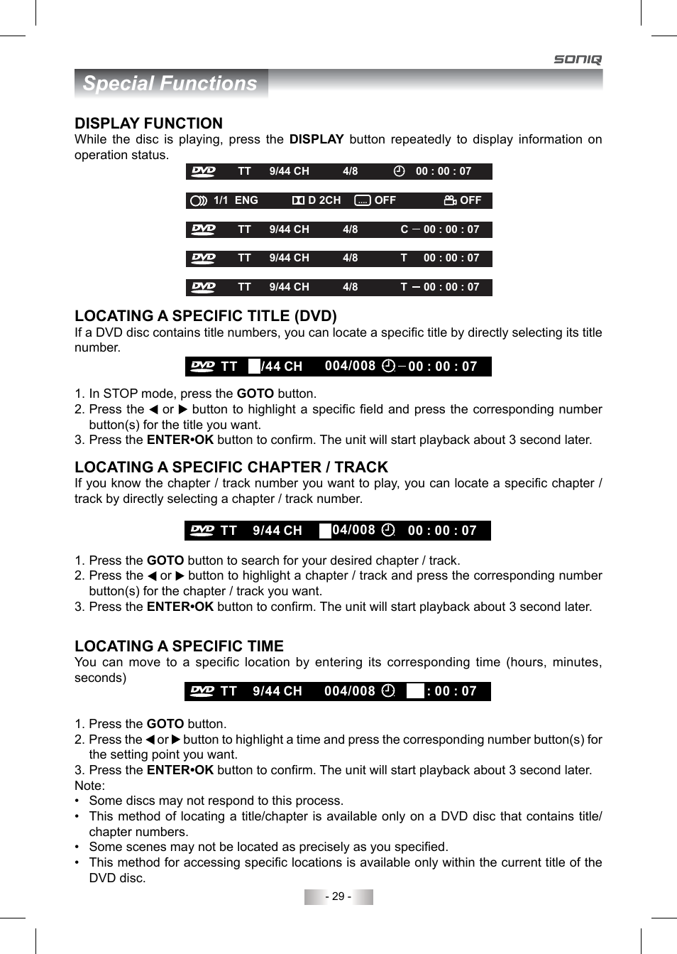 Special functions | SONIQ QV220LTI User Manual | Page 29 / 36