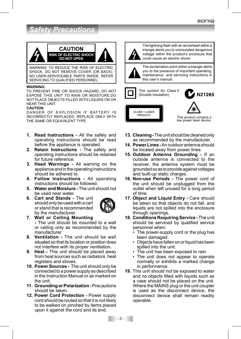 Safety precautions, Caution | SONIQ QV220LTI User Manual | Page 3 / 36