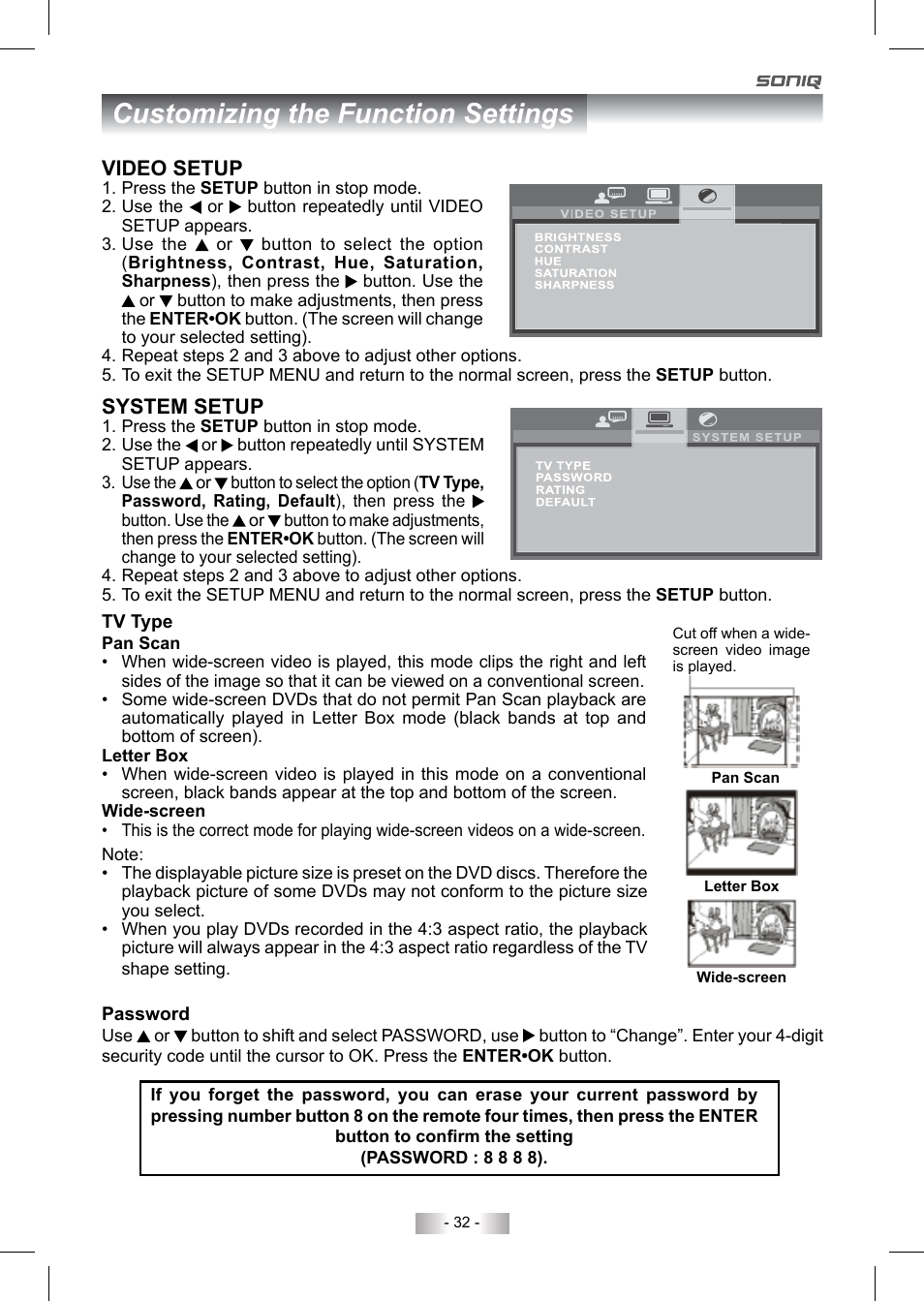 Customizing the function settings | SONIQ QV220LTI User Manual | Page 32 / 36
