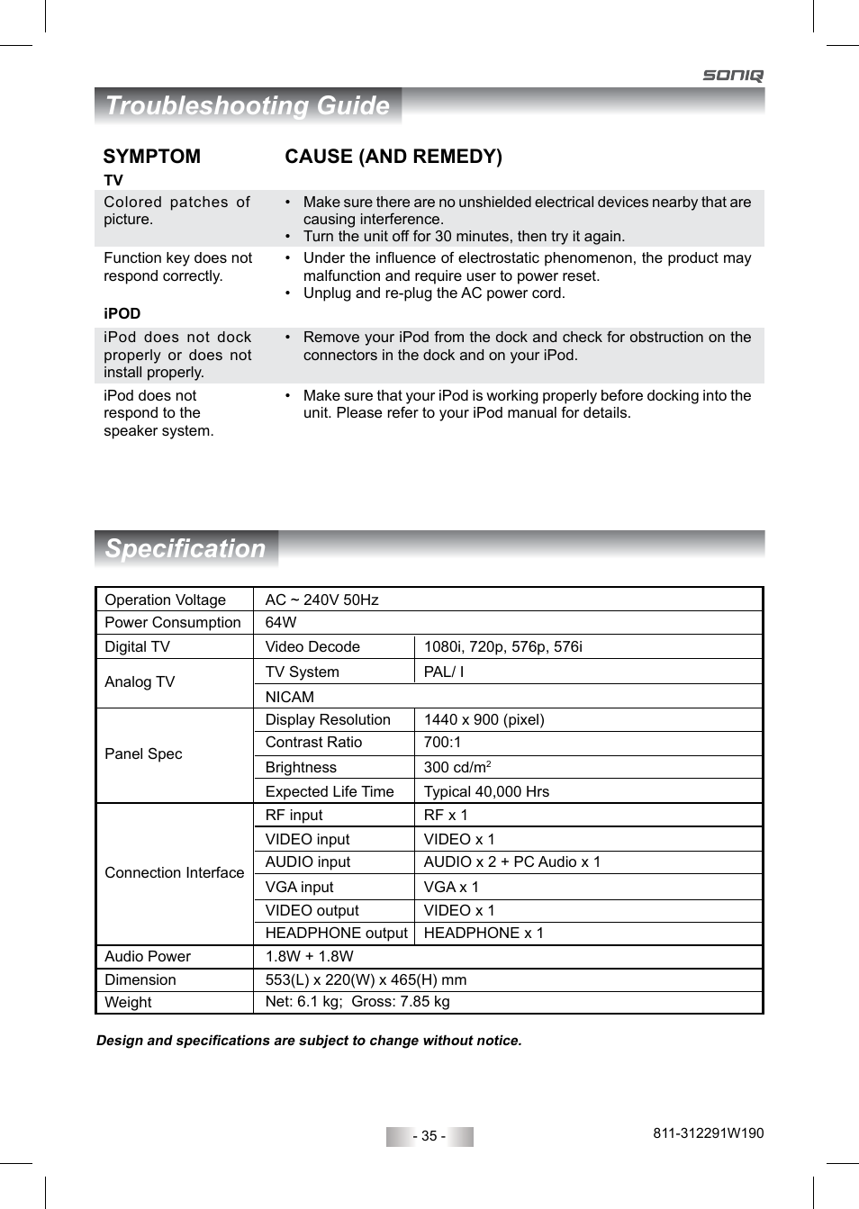 Troubleshooting guide specification, Symptom cause (and remedy) | SONIQ QV220LTI User Manual | Page 35 / 36