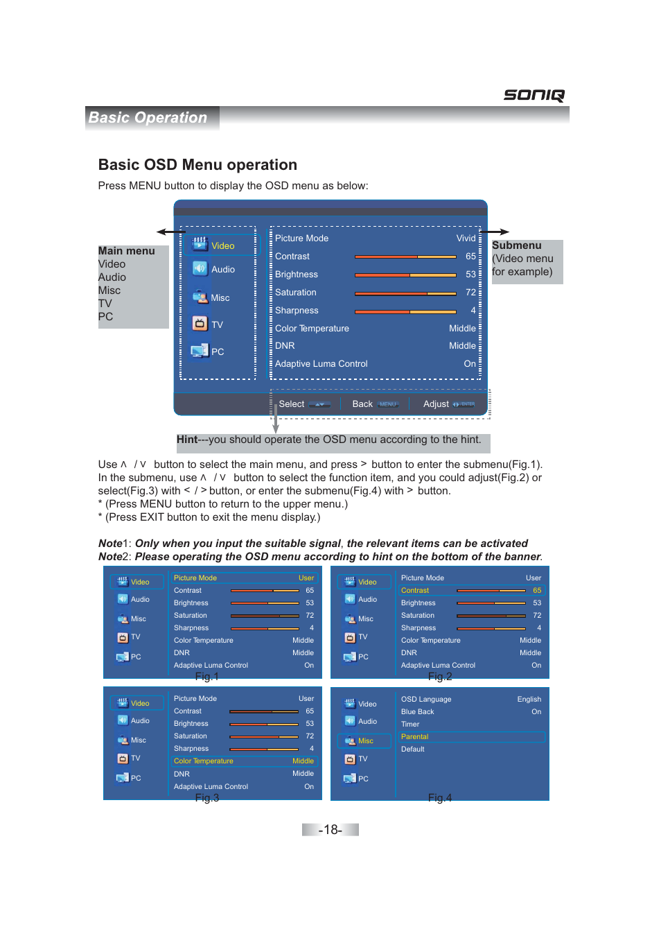Basic osd menu operation | SONIQ QV263L User Manual | Page 20 / 32