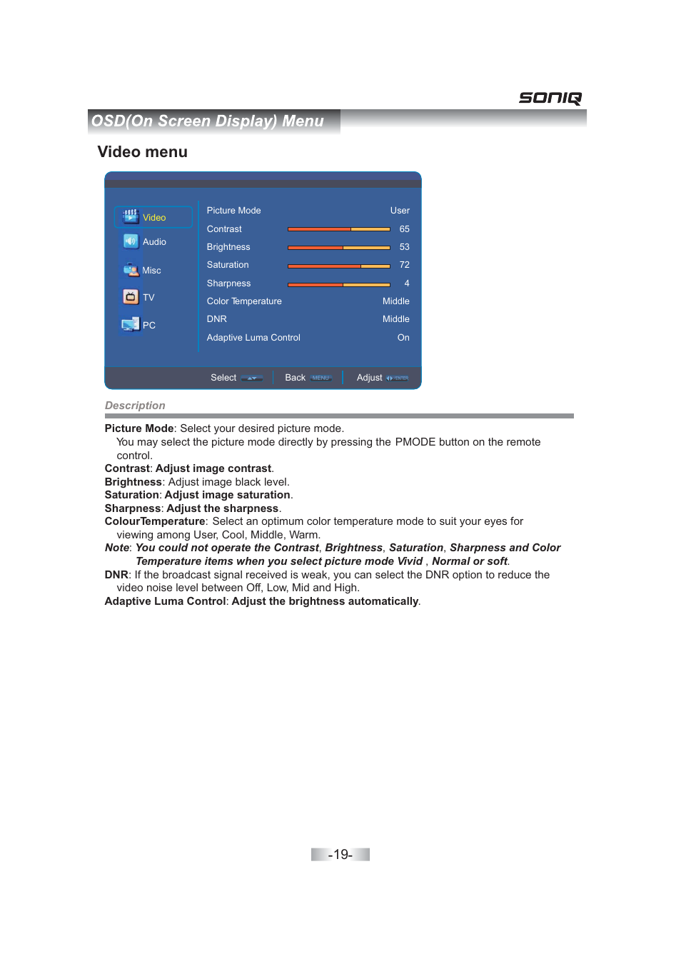Video menu | SONIQ QV263L User Manual | Page 21 / 32