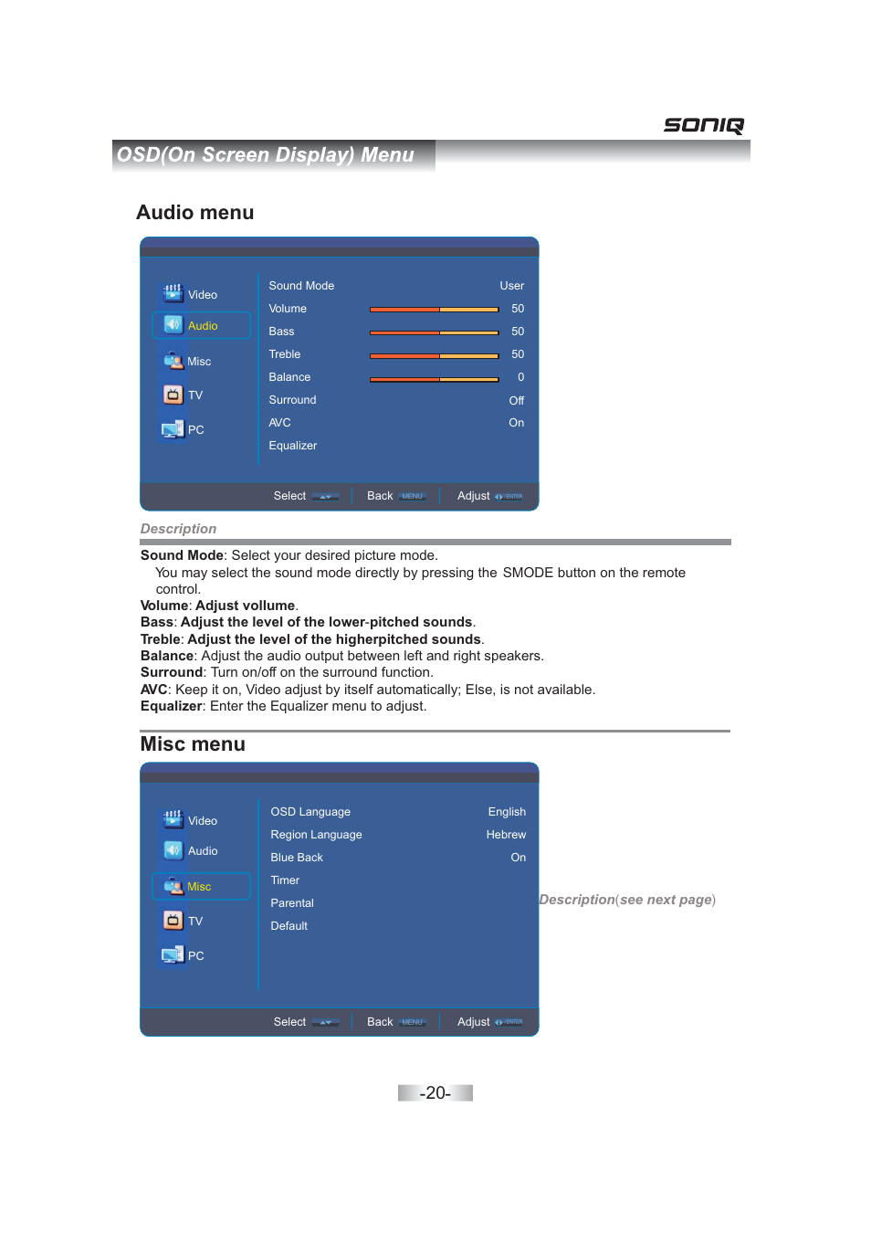 Audio menu, Misc menu | SONIQ QV263L User Manual | Page 22 / 32