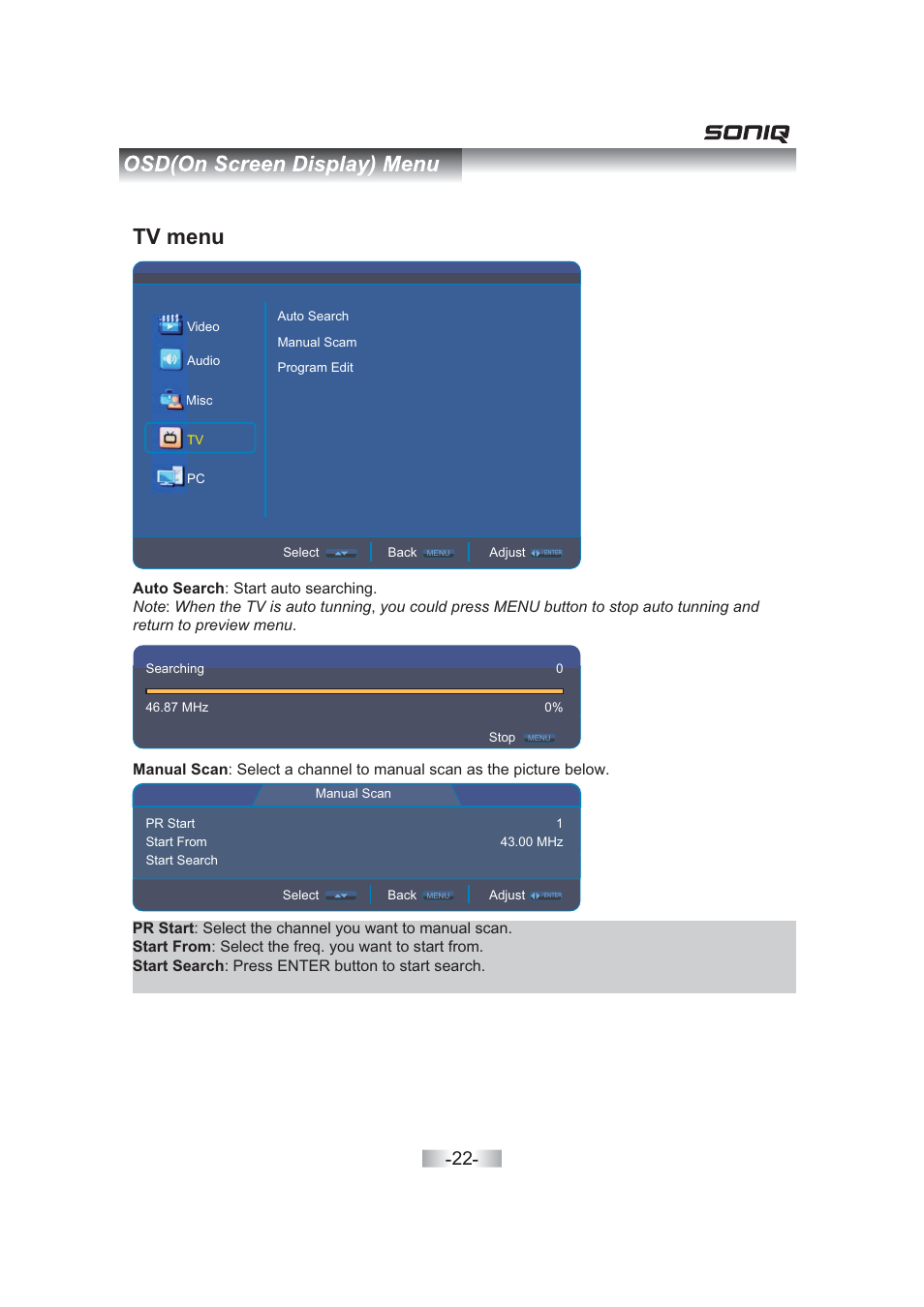 Tv menu | SONIQ QV263L User Manual | Page 24 / 32