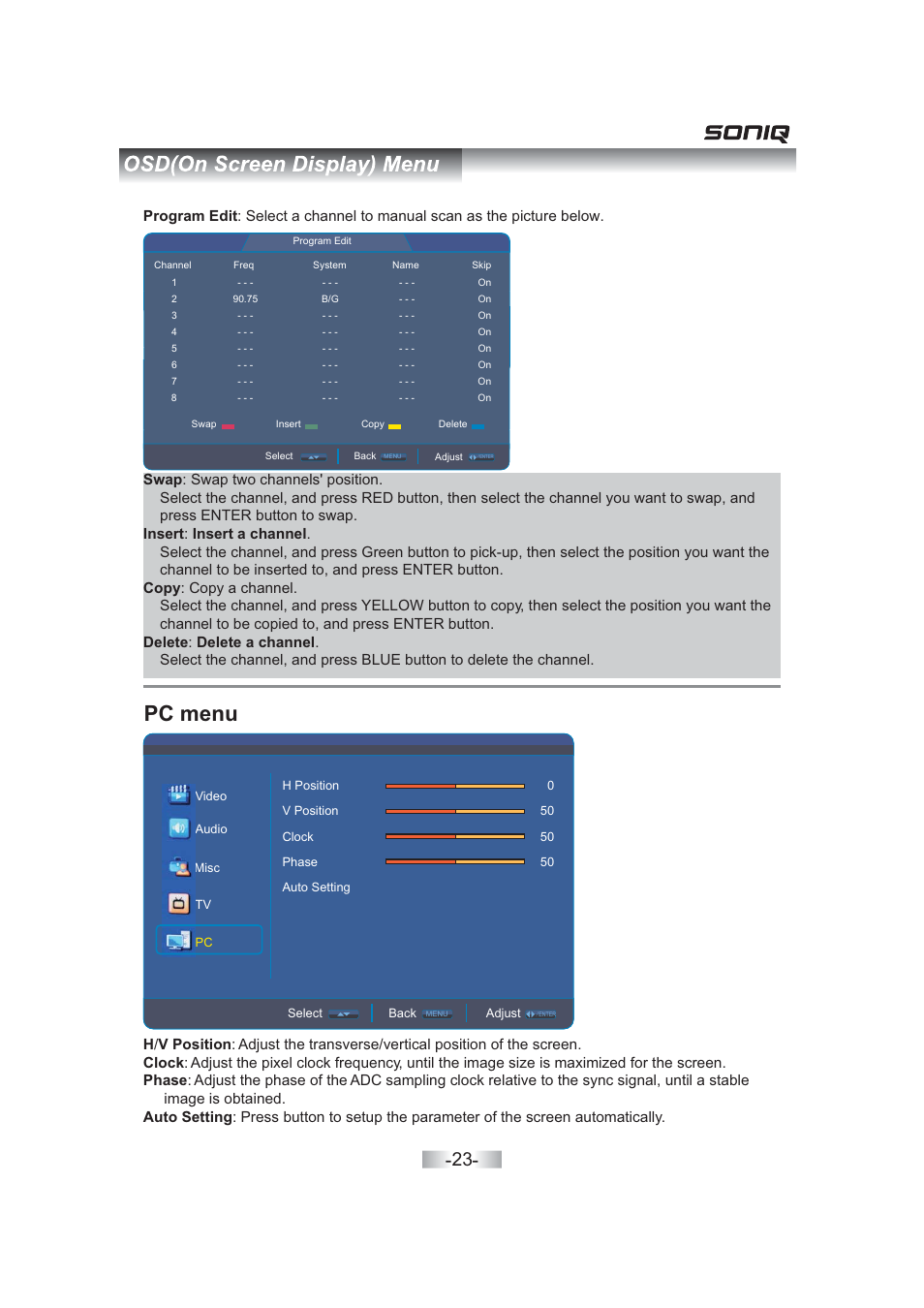 Pc menu | SONIQ QV263L User Manual | Page 25 / 32