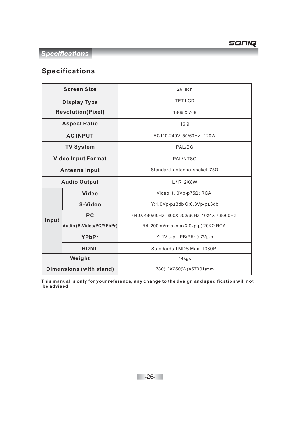 Specifications | SONIQ QV263L User Manual | Page 28 / 32