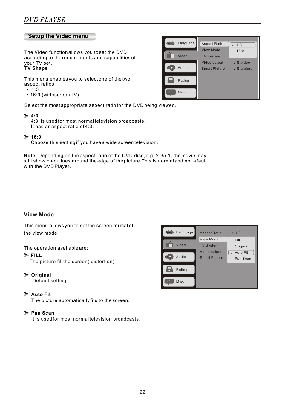 Setup the video menu, View mode | SONIQ SONIQ901-2 User Manual | Page 22 / 29