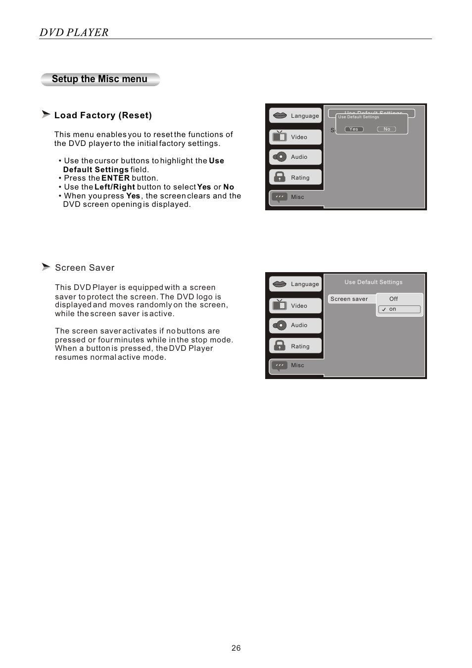 Setup the misc menu, Load factory (reset), 6fuhhq6dyhu | SONIQ SONIQ901-2 User Manual | Page 26 / 29