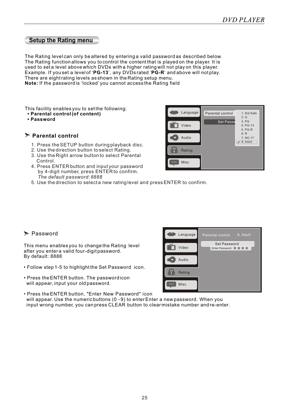 Setup the rating menu, 3dvvzrug, Parental control | Exwwrq(qwhu1hz3dvvzruglfrq | SONIQ SONIQ901 User Manual | Page 46 / 50