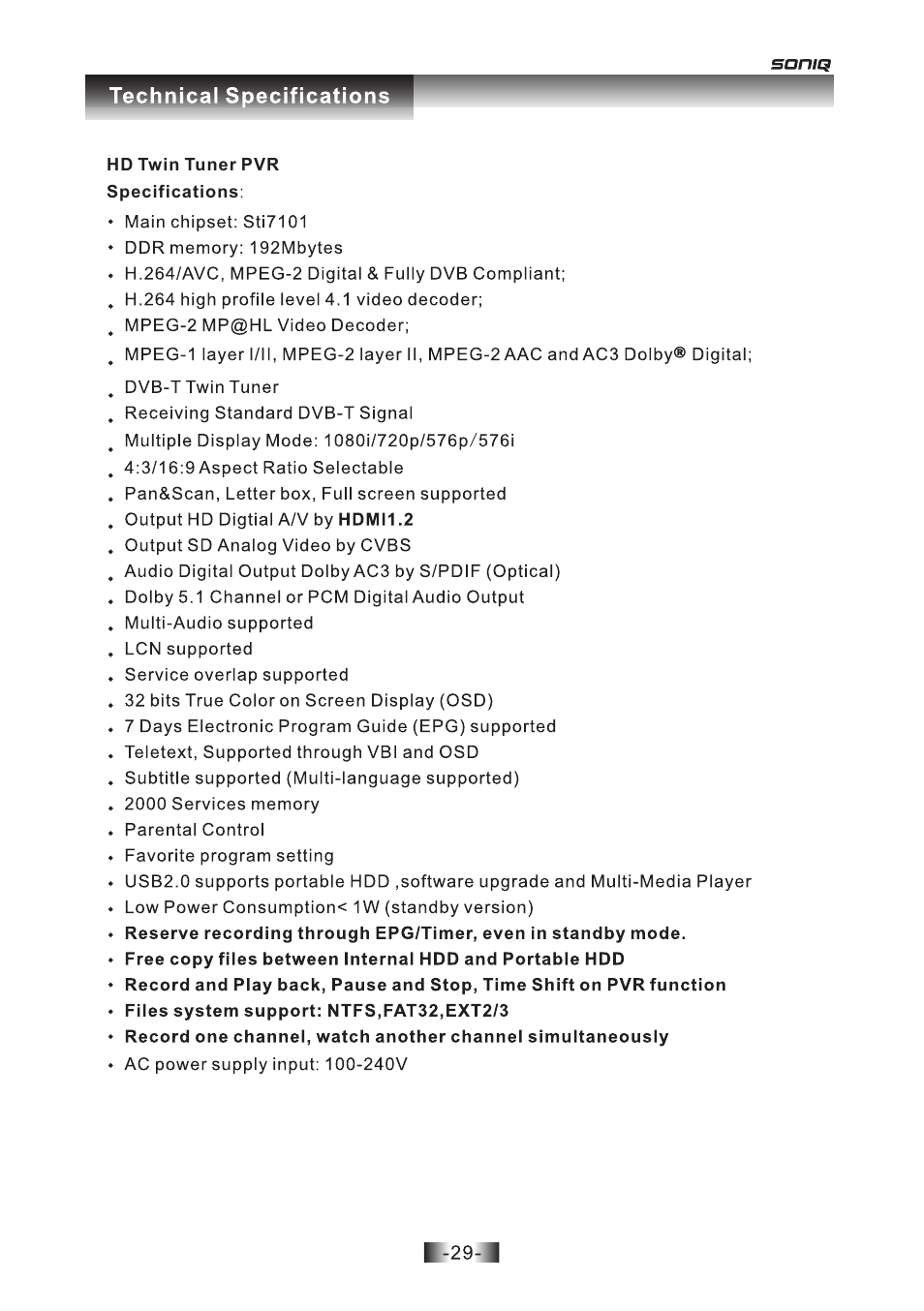页 29 | SONIQ T1000 User Manual | Page 30 / 30