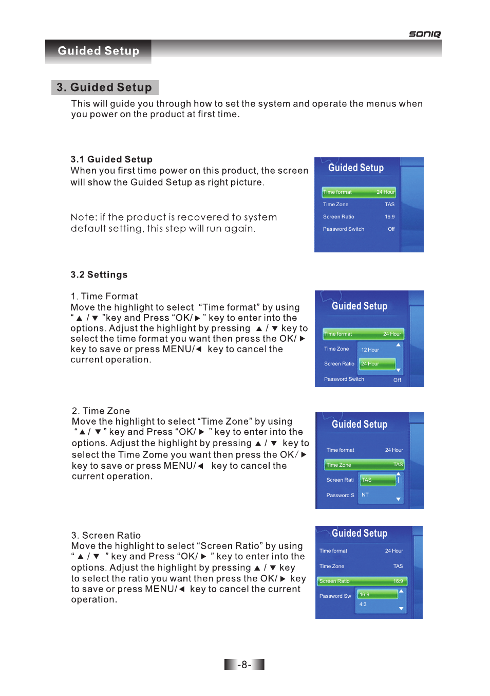 Guided setup | SONIQ T1000 User Manual | Page 9 / 30