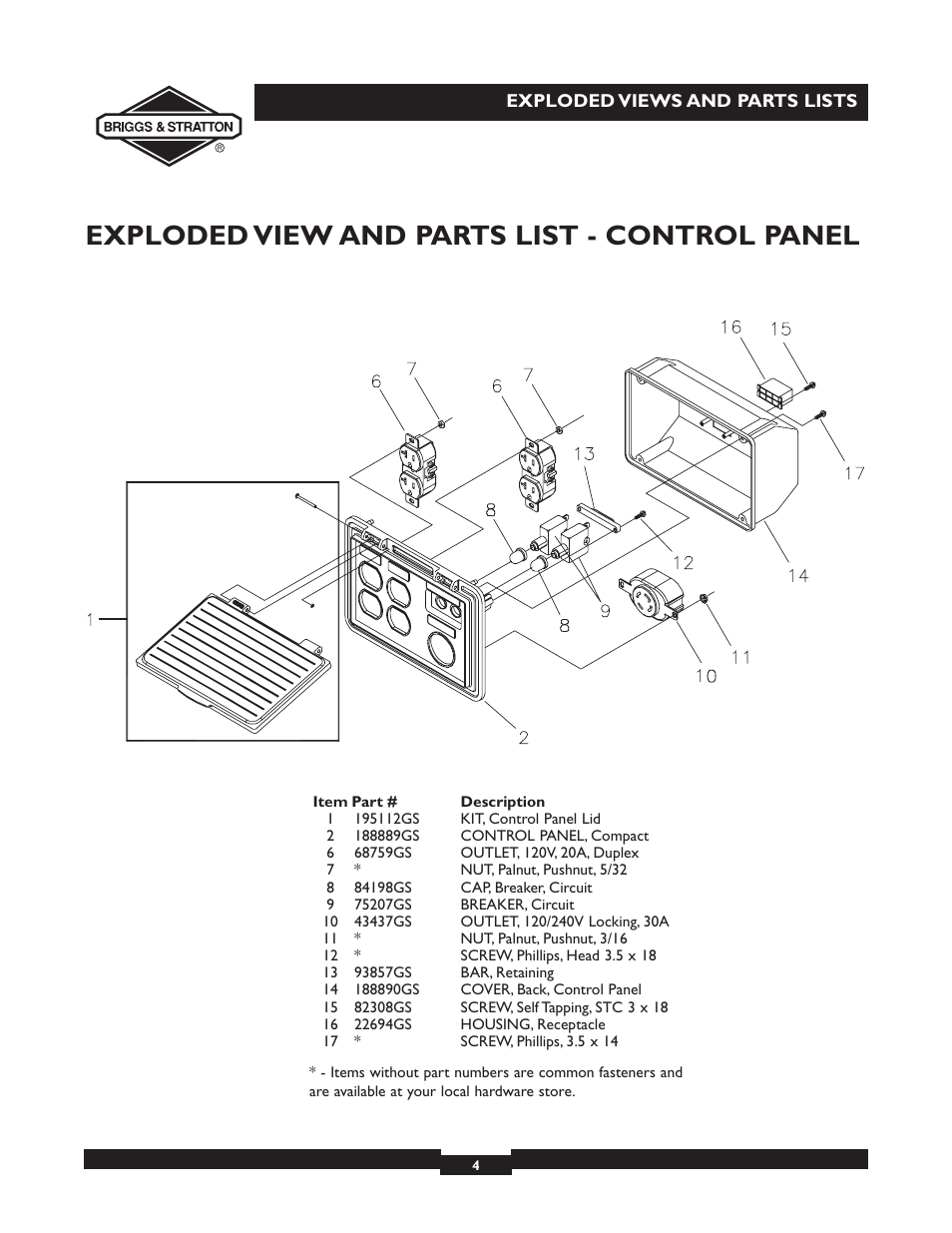 Exploded view and parts list - control panel | Briggs & Stratton 30253 User Manual | Page 4 / 5