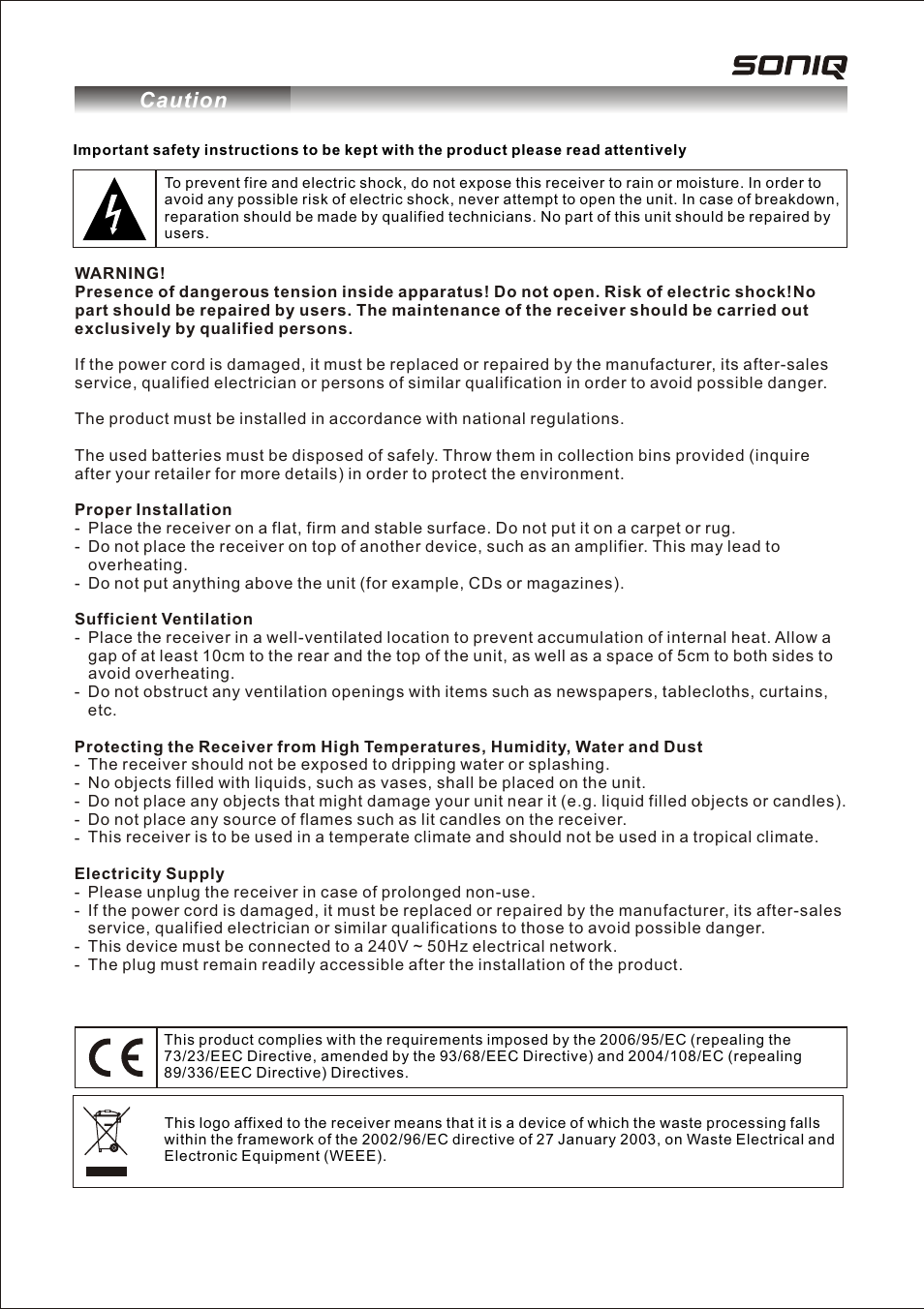 页面 3, Caution | SONIQ T200 User Manual | Page 2 / 12