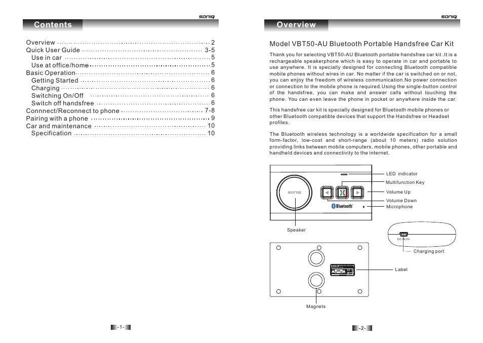 Overview contents | SONIQ VBT50 User Manual | Page 2 / 6