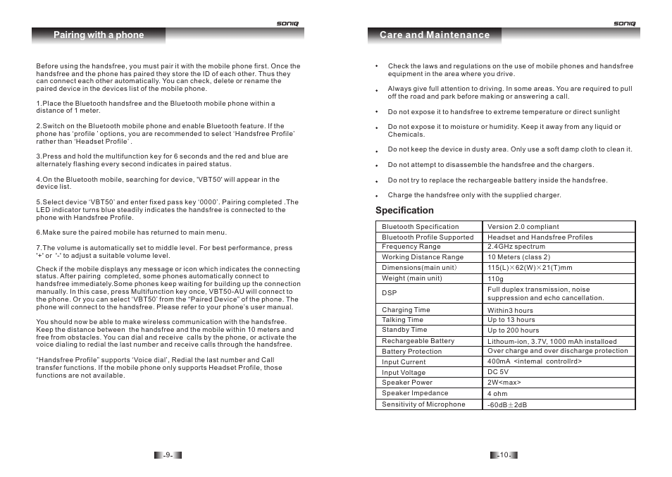 Care and maintenance, Specification, Pairing with a phone | SONIQ VBT50 User Manual | Page 6 / 6