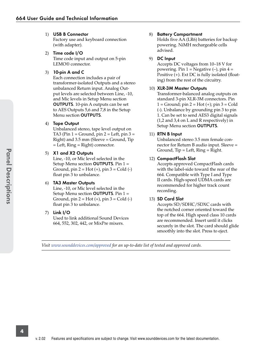 Panel descr ip tions | Sound Devices 664 User Manual | Page 10 / 78