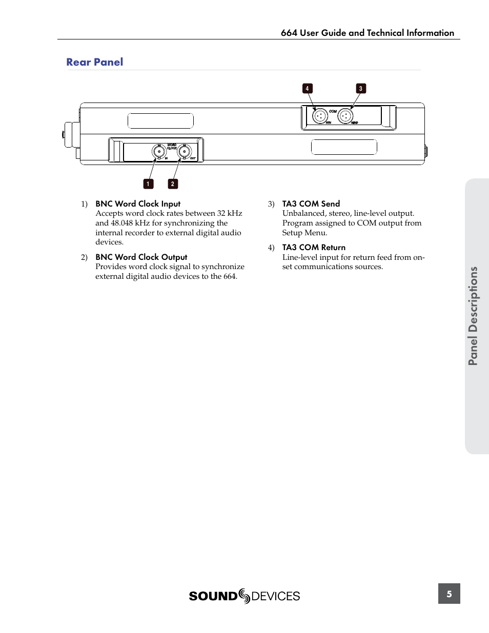 Rear panel, Panel descr ip tions | Sound Devices 664 User Manual | Page 11 / 78