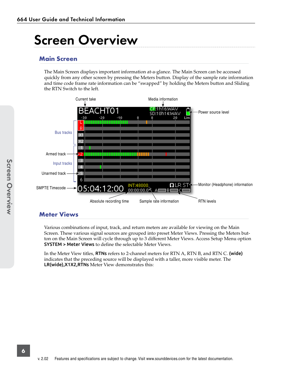 Screen overview, Main screen, Meter views | Main screen meter views, Scr een ov er vie w | Sound Devices 664 User Manual | Page 12 / 78
