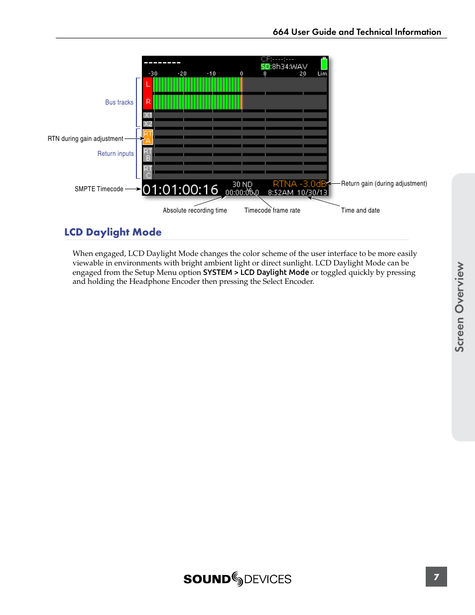 Lcd daylight mode, Scr een ov er vie w | Sound Devices 664 User Manual | Page 13 / 78