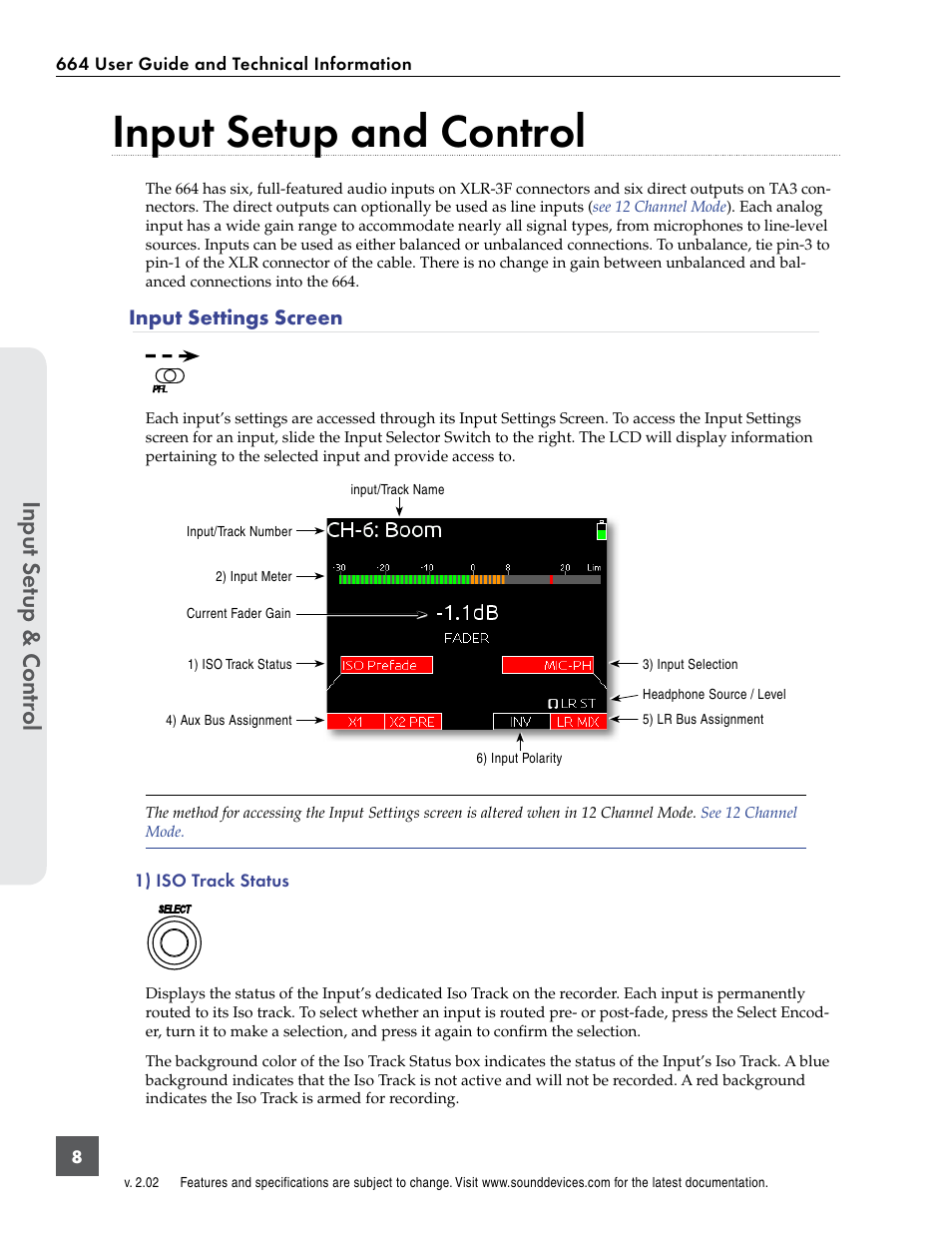 Input setup and control, Input settings screen | Sound Devices 664 User Manual | Page 14 / 78