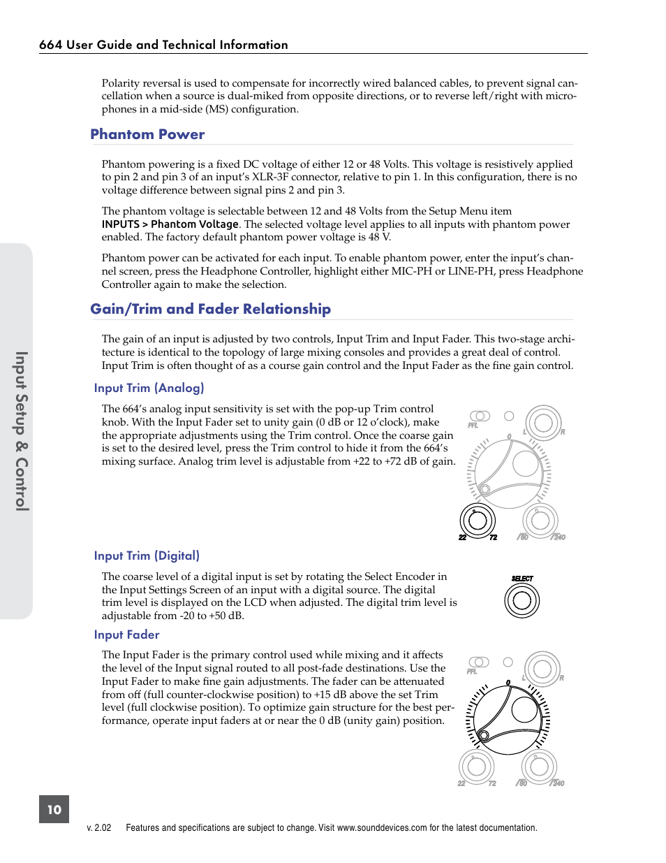 Phantom power, Gain/trim and fader relationship, Phantom power gain/trim and fader relationship | Sound Devices 664 User Manual | Page 16 / 78