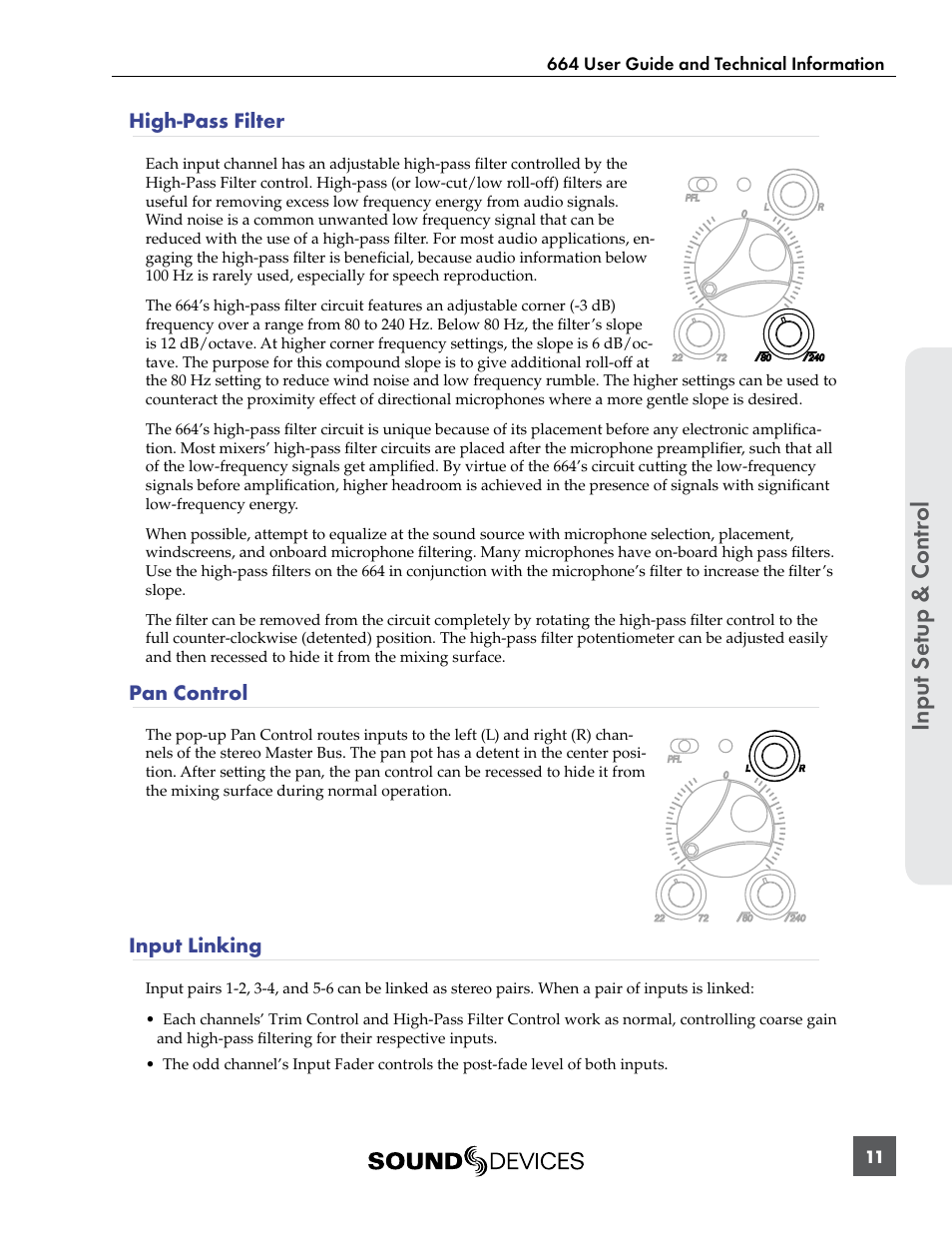 High-pass filter, Pan control, Input linking | Pan control input linking | Sound Devices 664 User Manual | Page 17 / 78