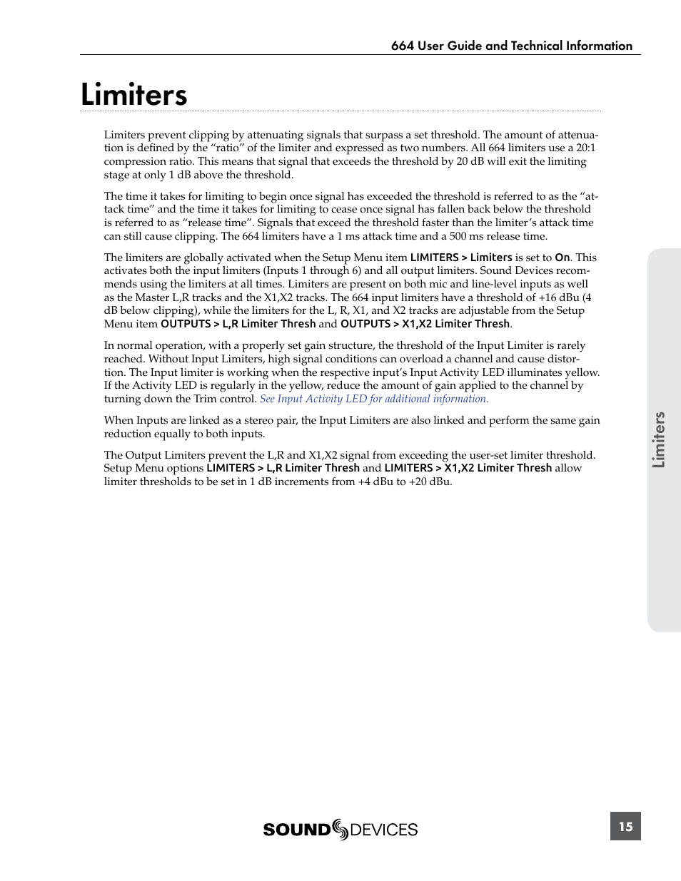 Limiters, Limit er s | Sound Devices 664 User Manual | Page 21 / 78