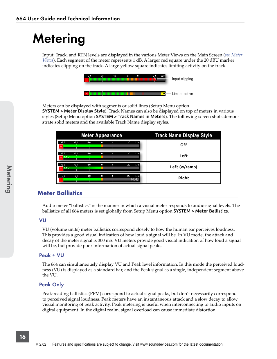Metering, Meter ballistics, Me ter ing | Sound Devices 664 User Manual | Page 22 / 78