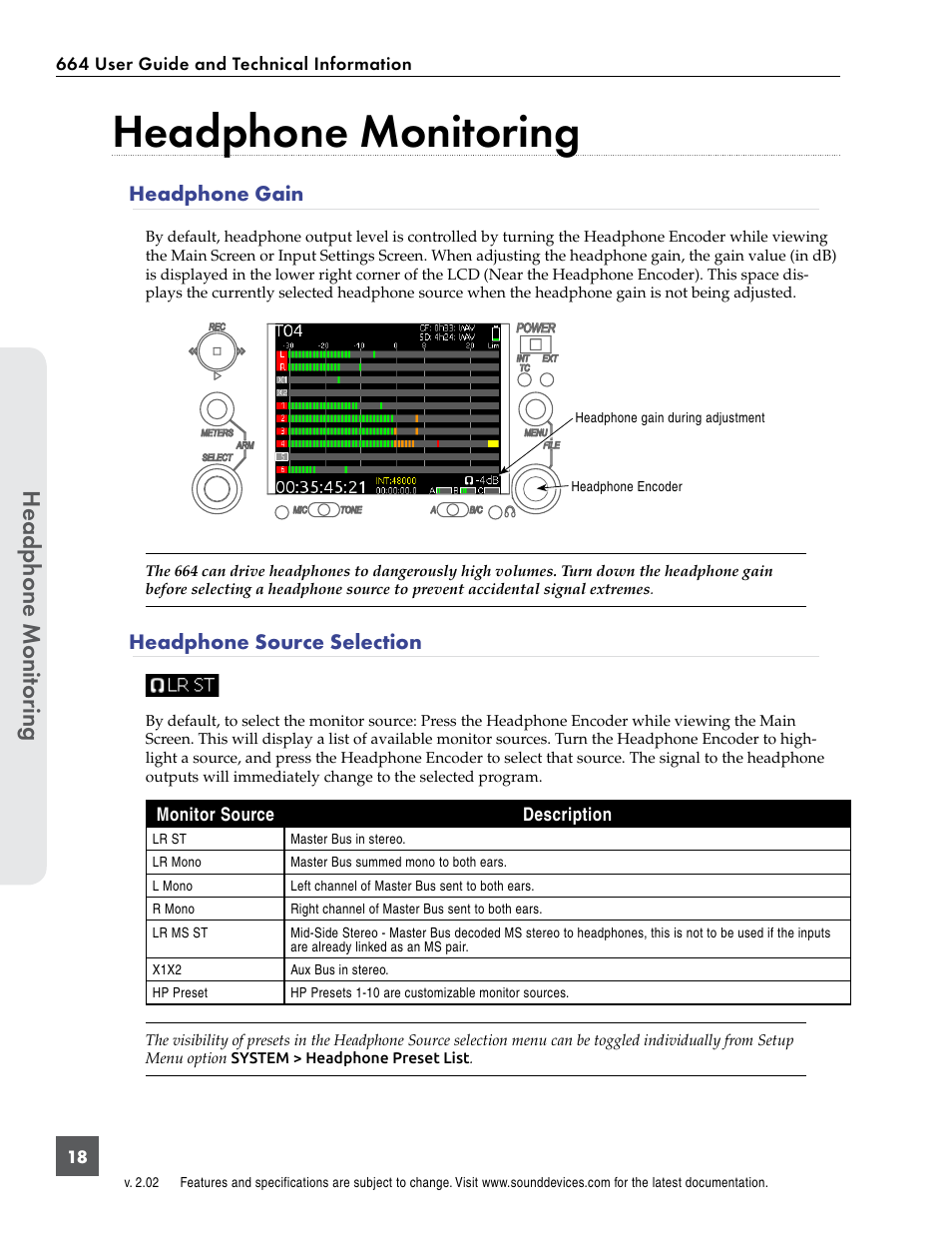 Headphone monitoring, Headphone gain, Headphone source selection | Headphone gain headphone source selection, Headphone monit or ing | Sound Devices 664 User Manual | Page 24 / 78