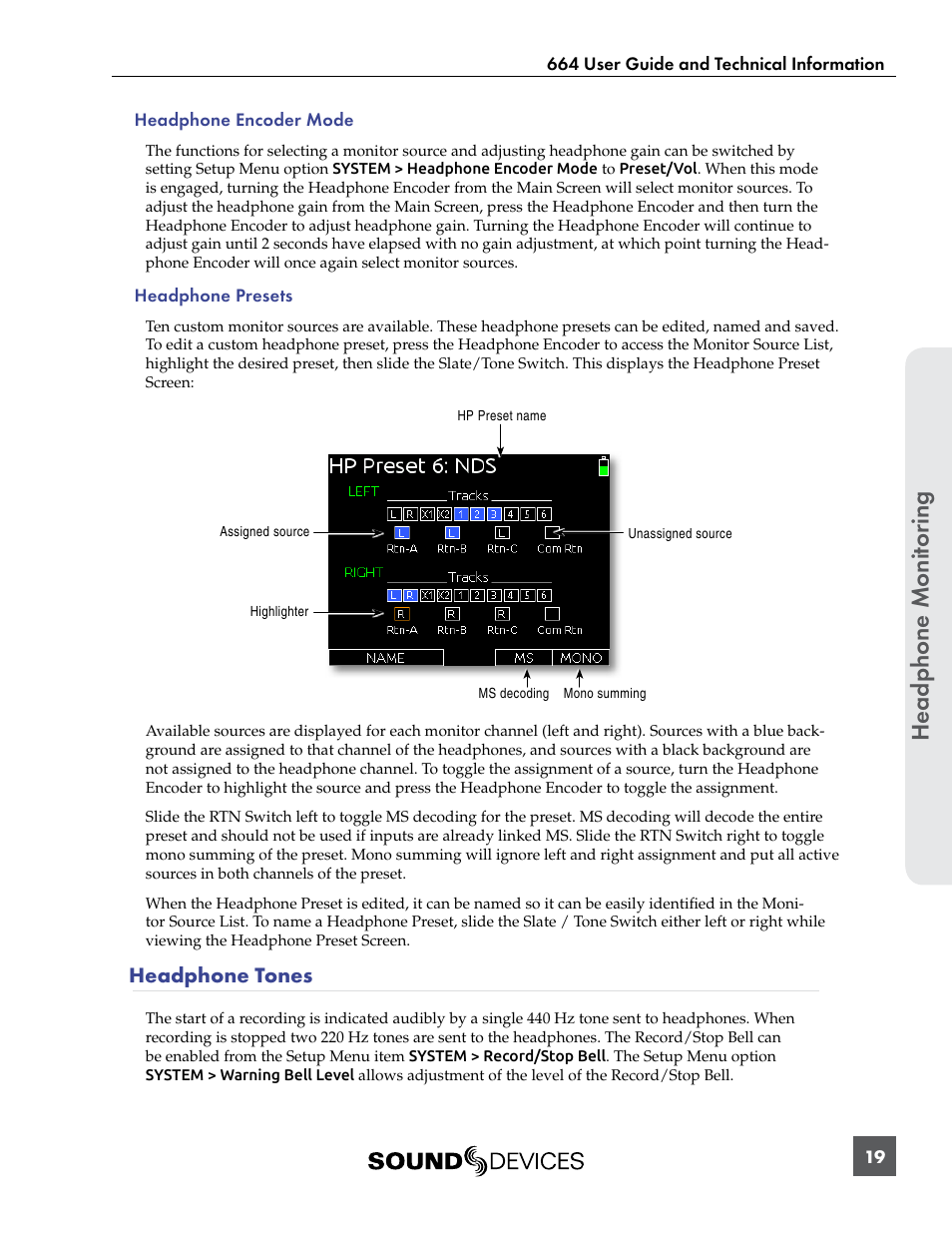 Headphone tones, Headphone monit or ing | Sound Devices 664 User Manual | Page 25 / 78