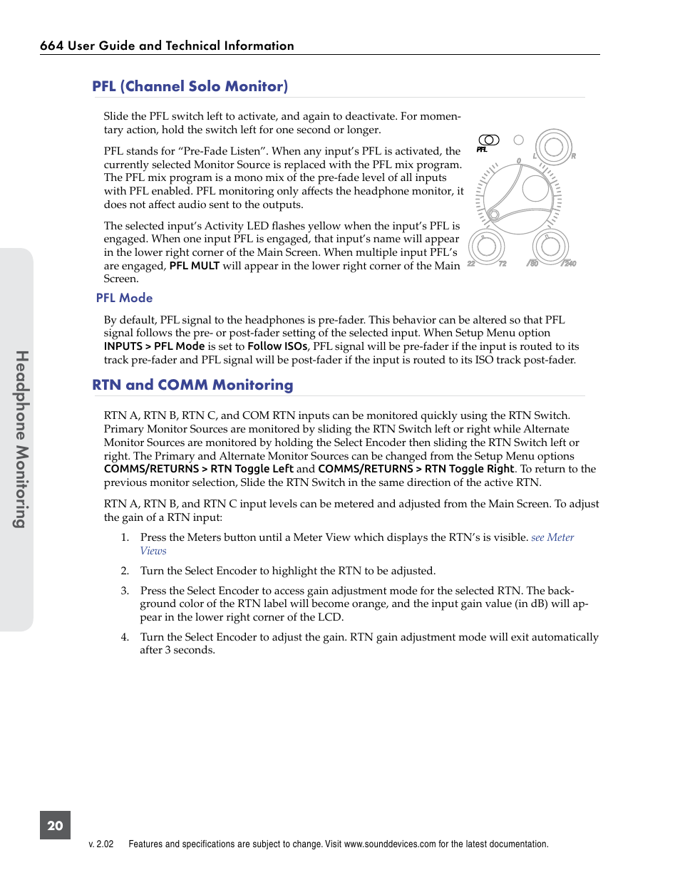 Pfl (channel solo monitor), Rtn and comm monitoring, Pfl (channel solo monitor) rtn and comm monitoring | Headphone monit or ing | Sound Devices 664 User Manual | Page 26 / 78