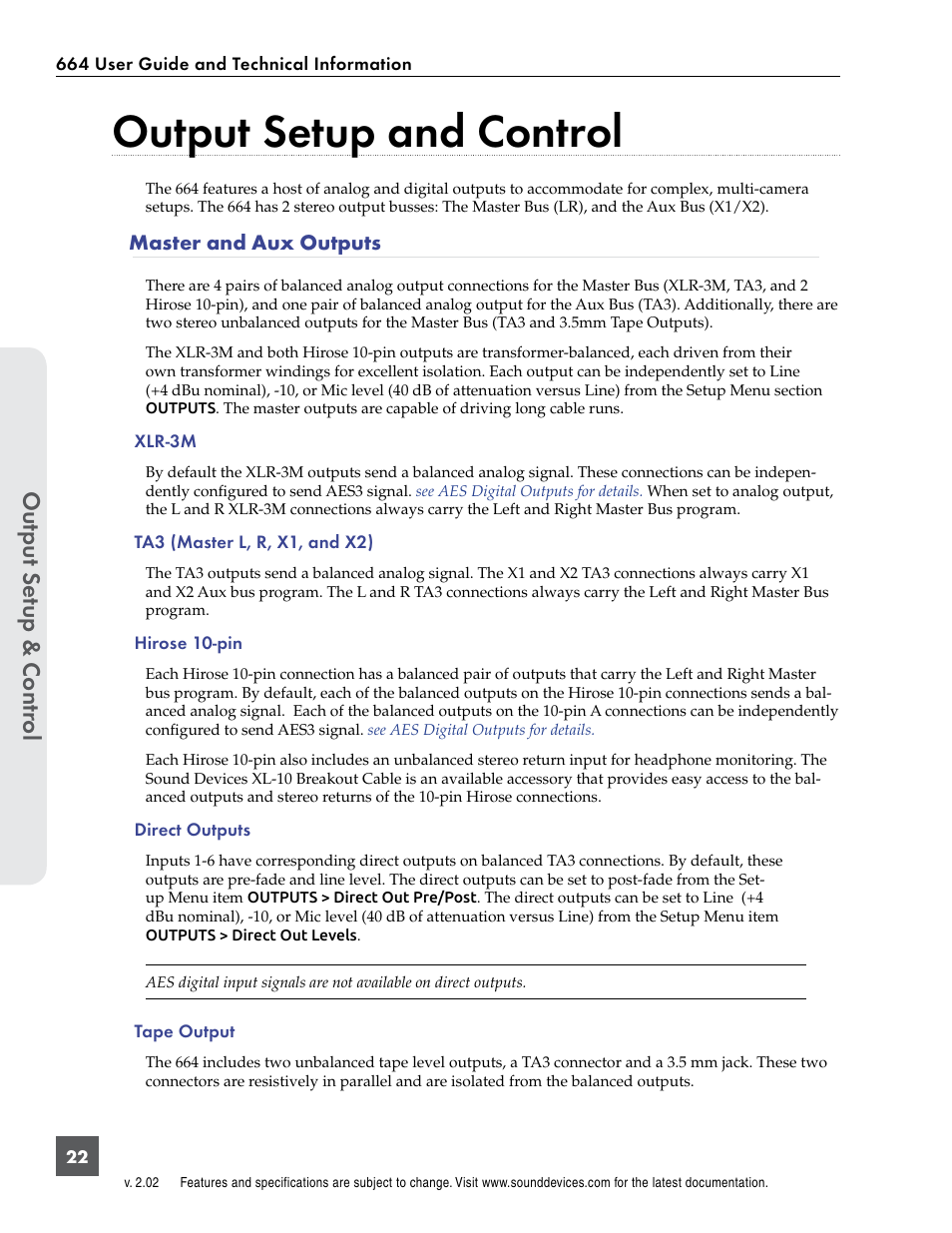 Output setup and control, Master and aux outputs, Output se tup & contr ol | Sound Devices 664 User Manual | Page 28 / 78